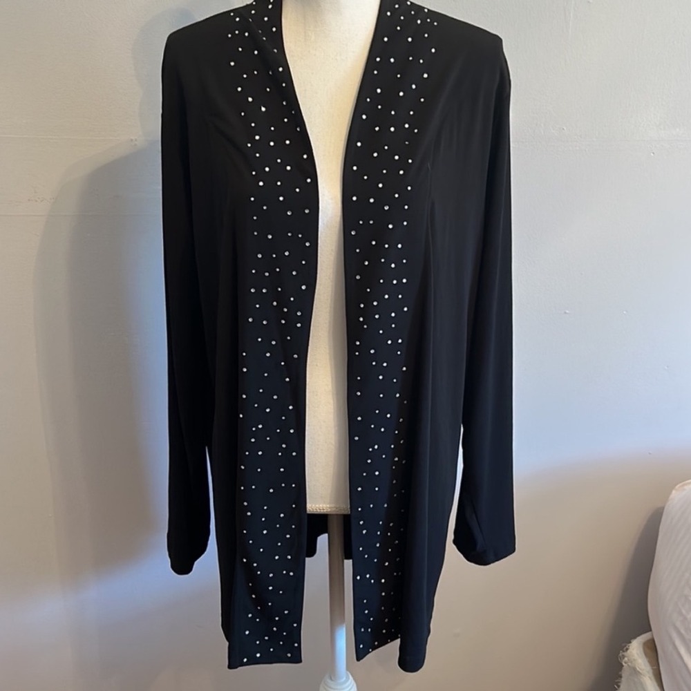 Quacker Factory Black Rhinestone Trim Open‎ Front Cardigan Sweater Womens Large